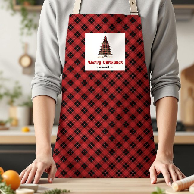 Tablier Élégant Kit de Noël avec Plaid Buffle et Nom Perso (Elegant Buffalo Plaid Tree Custom Name Xmas Kitchen Apron)