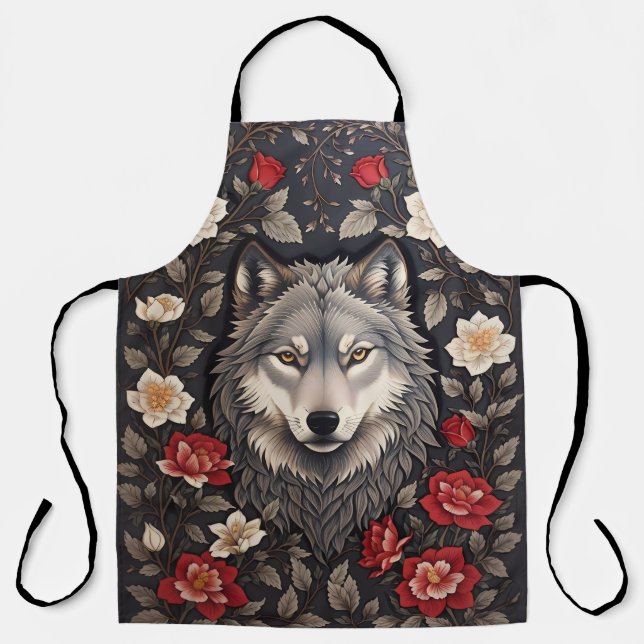 Tablier Élégant loup gris floral (Recto)
