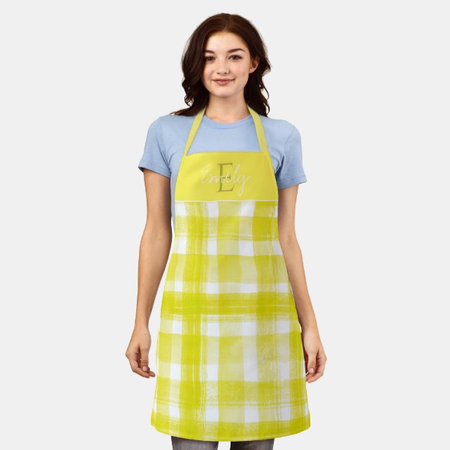 Tablier Élégant mignon jaune vif blanc plaid Noël (Porté)