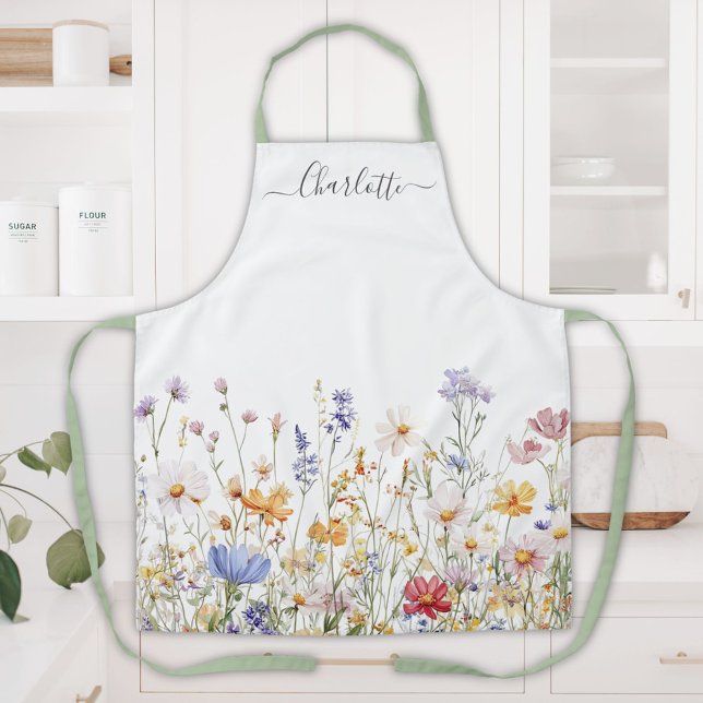 Tablier Elegant Monogram Watercolor Colorful Wildflower (In situ)