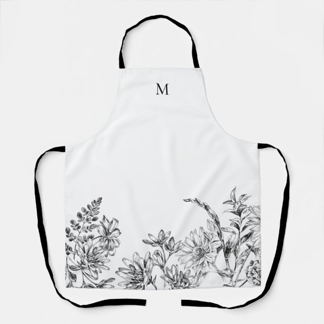 Tablier Elégant Monogramme Blanc Floral Vin Apron (Recto)