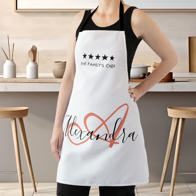 Tablier Élégant Monogramme corail blanc Script meilleur no (Elegant Monogram White Coral Script Best Chef Name Apron)