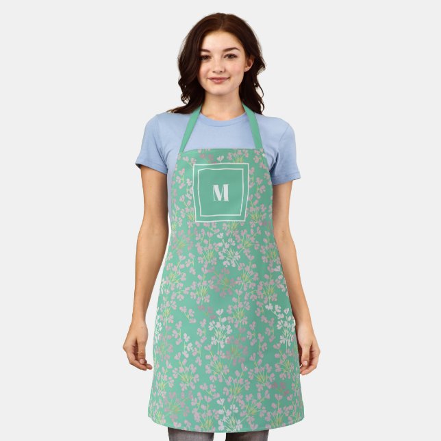 Tablier Élégant monogramme de feuilles vert menthe et arge (Porté)