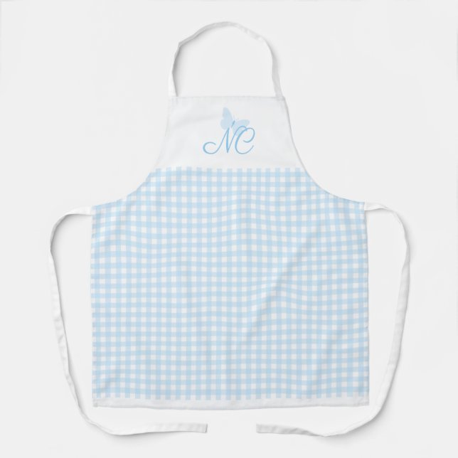 Tablier Élégant Monogramme de papillon bleu clair En vichy (Recto)