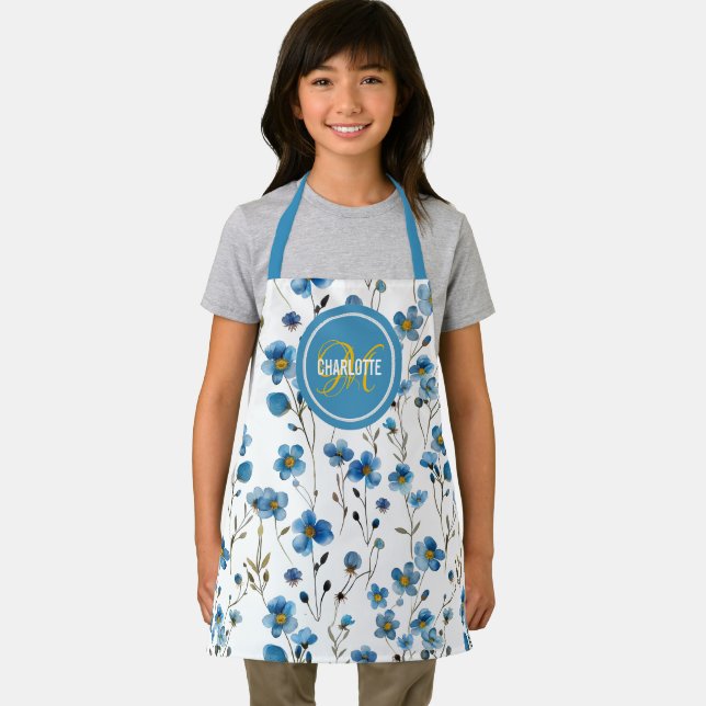 Tablier Élégant monogramme floral bleu nom de fille (Insitu)