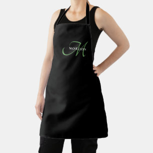 Tablier Élégant Monogramme moderne noir vert Script