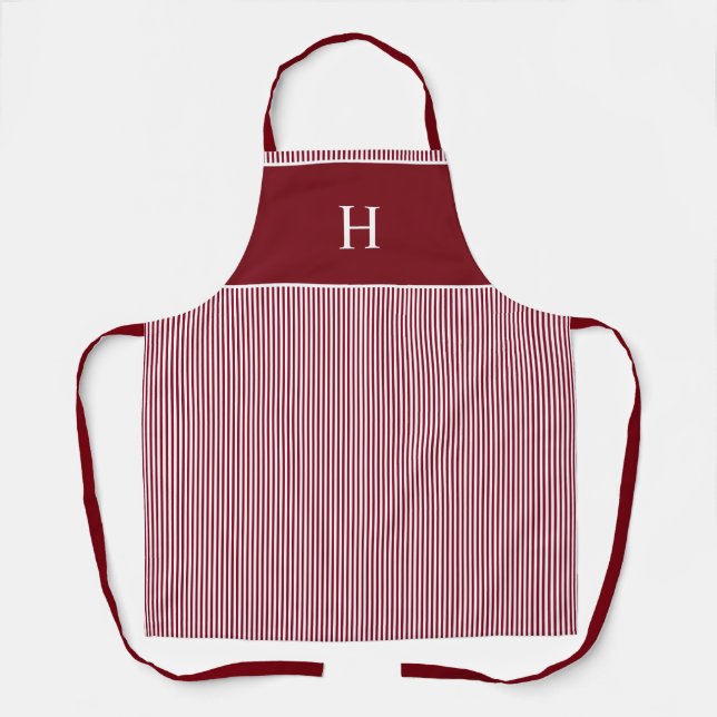 Tablier Élégant Monogramme Moderne Rayure Rouge Bourgogne (Recto)