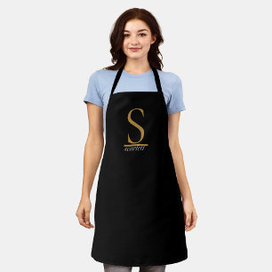 Tablier Élégant monogramme noir or script girly féminin
