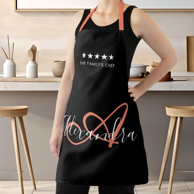 Tablier Élégant Monogramme noir rose Script Meilleur Chef  (Elegant Monogram Black Pink Script Best Chef Name Apron)