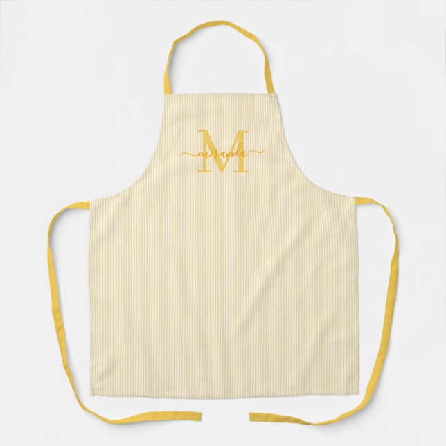 Tablier Élégant Monogramme Nom Rayure Jaune (Recto)