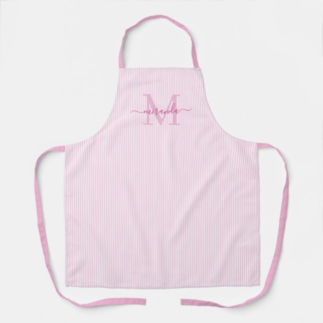 Tablier Élégant Monogramme Nom Rayure Rose (Recto)
