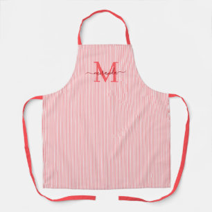 Tablier Élégant Monogramme Nom Rayure Rouge