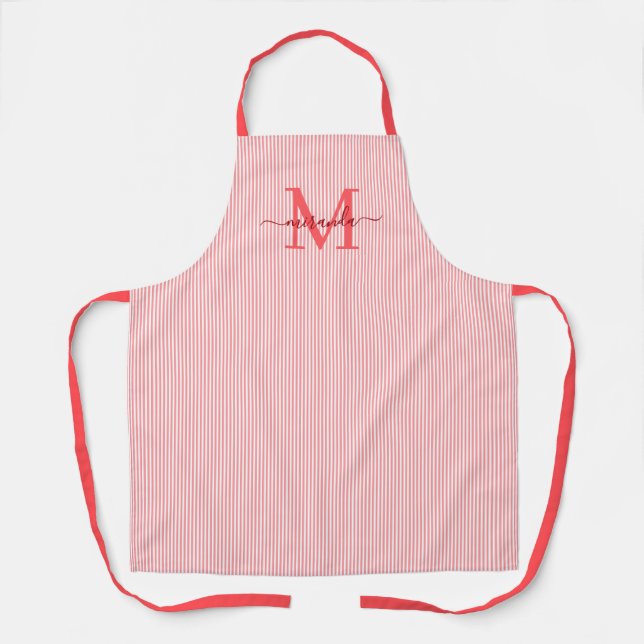 Tablier Élégant Monogramme Nom Rayure Rouge (Recto)