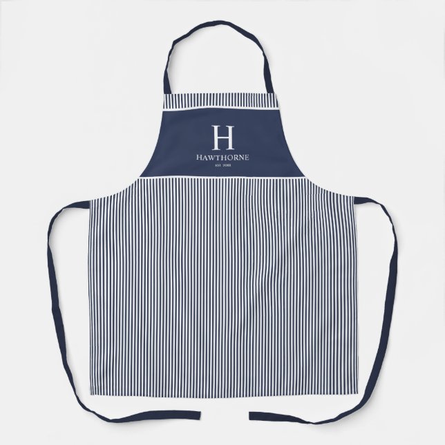 Tablier Élégant Monogramme Rayure Bleu Marine Nom (Recto)