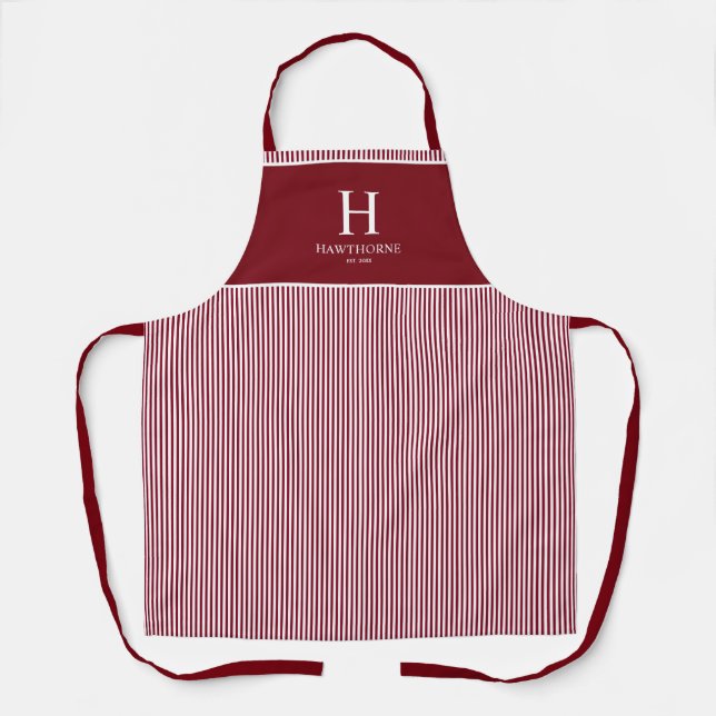 Tablier Élégant Monogramme Rayure Rouge Bourgogne Nom (Recto)