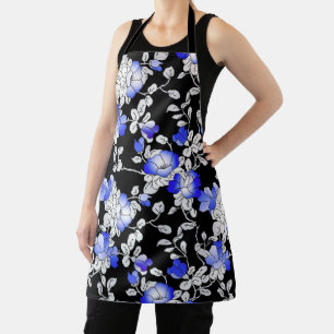Tablier Élégant motif bleu blanc noir floral
