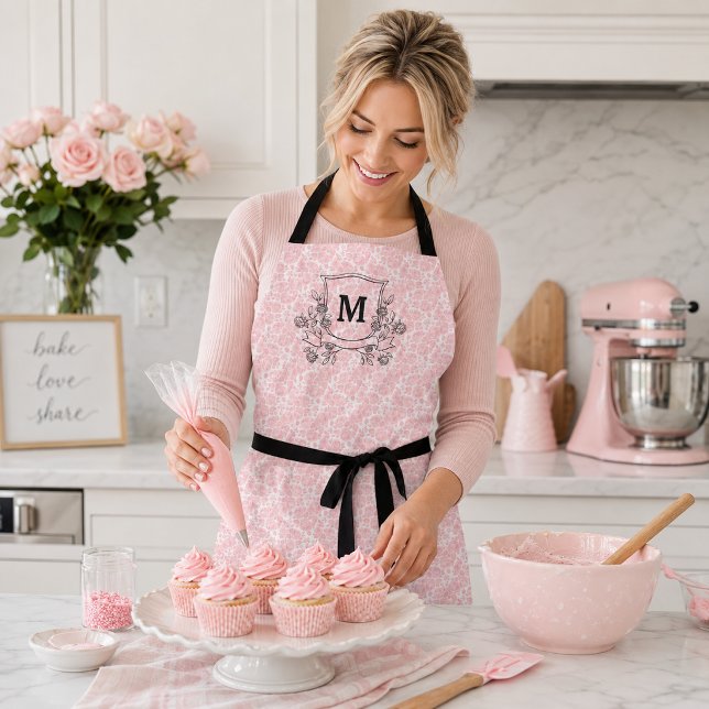Tablier Élégant motif de petite rose rose monogramme  (Créateur téléchargé)