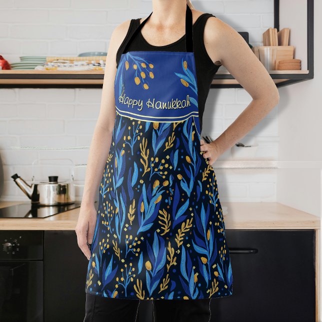 Tablier Elégant motif floral joyeuse Hanoukka (Elegant Floral Pattern Happy Hanukkah Apron)