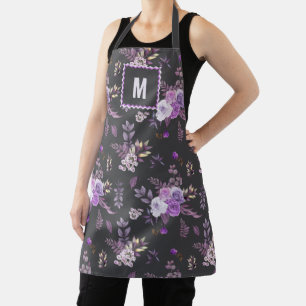 Tablier Élégant motif floral pourpre Monogramme