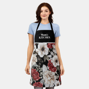 Tablier Élégant motif floral rose burgundy noir