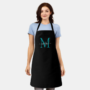 Tablier Élégant Noir Turquoise Monogramme Girly Feminine S