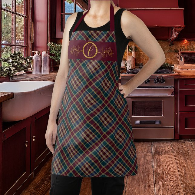 Tablier Élégant or Monogramme Plaid - Cranberry Blue Turqu (Elegant Gold Tone Holly and Berries Monogram Cranberry, Dk Blue, Teal Plaid Christmas Holiday Apron)