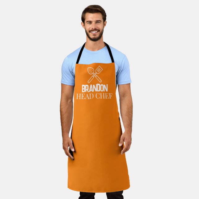 Tablier élégant orange pour homme, nom de chef mod (Porté)