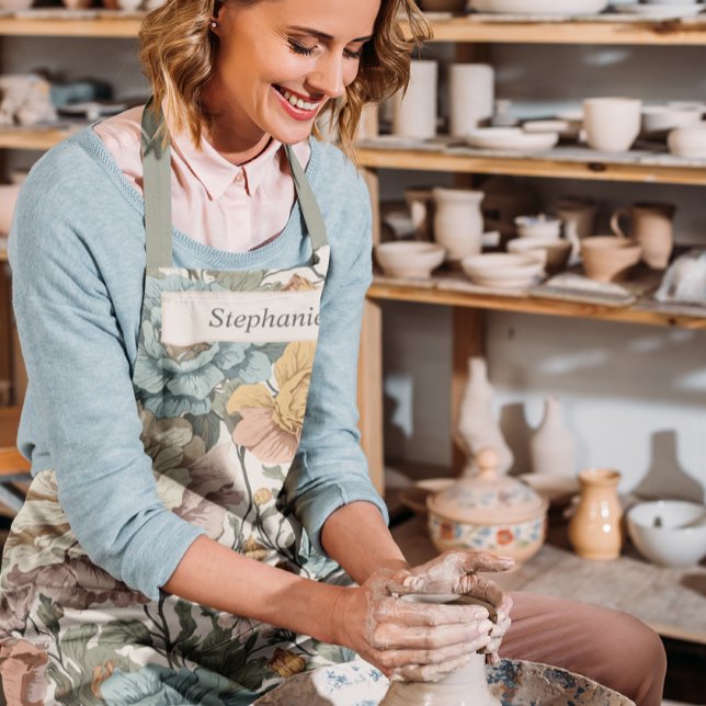 Tablier Élégant Pastel Vintage Floral Nom personnalisé (Créateur téléchargé)