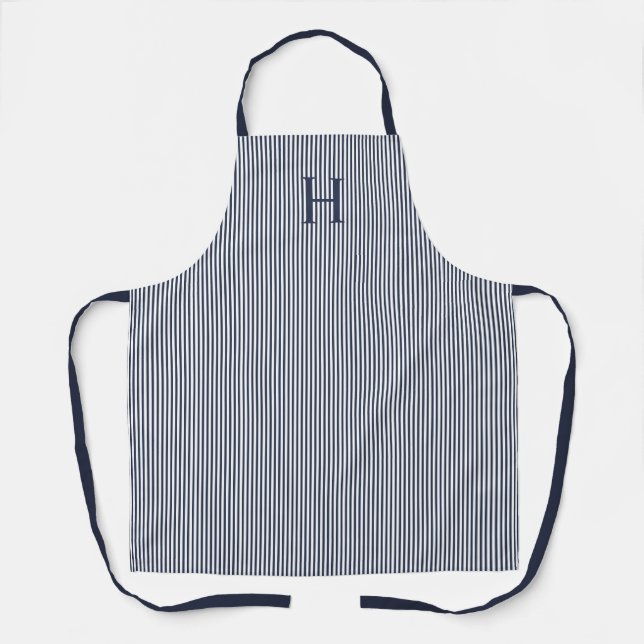 Tablier Élégant Rayure Bleu Marine Monogramme Classique (Recto)