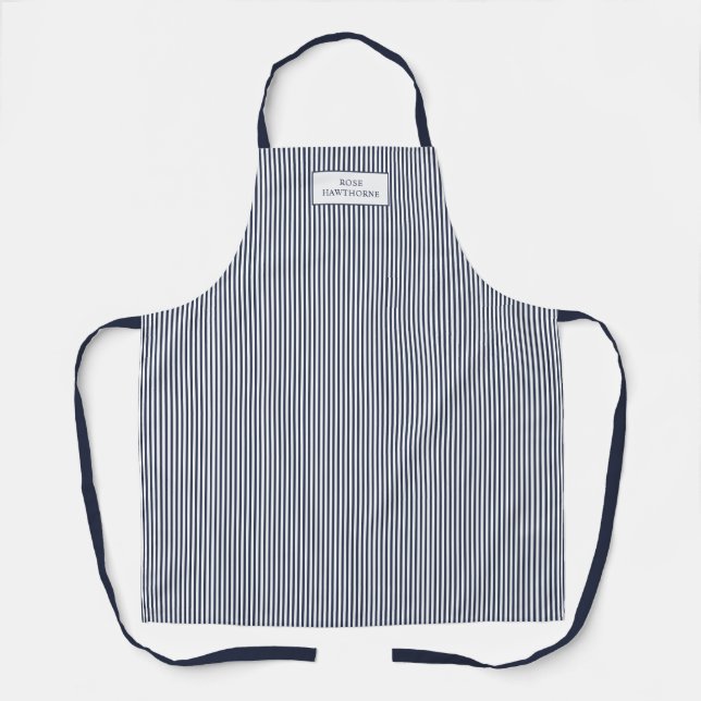 Tablier Élégant Rayure Bleu Marine Nom Classique (Recto)