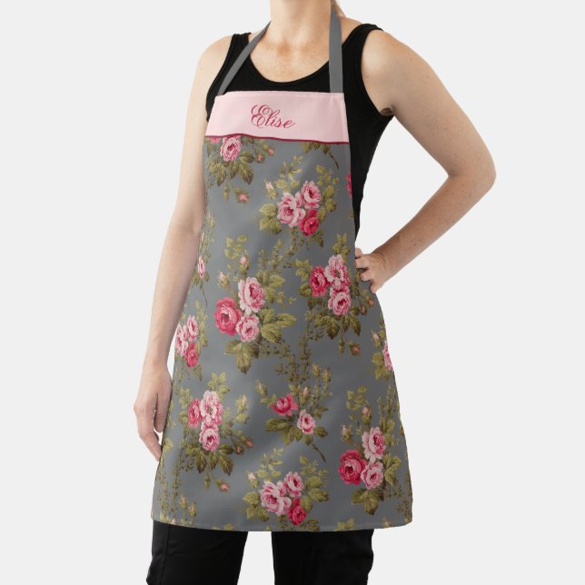 Tablier Elégant Rose Vintage avec nom-Grey Arrière - plan  (Insitu)