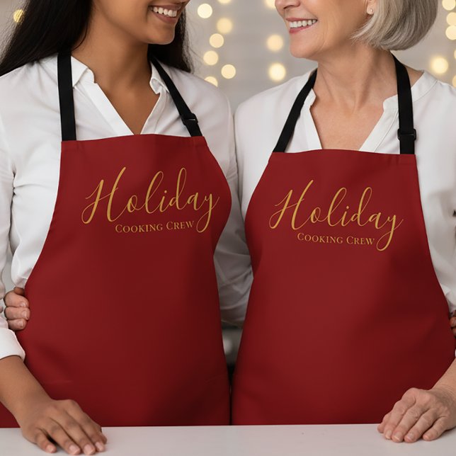 Tablier Elegant Script Holiday Cooking Crew Red Gold (Créateur téléchargé)
