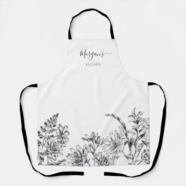 Tablier Élégant Script noir blanc floral Apron vin (Recto)