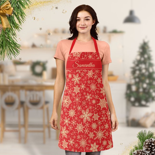 Tablier Élégant Snowflakes Monogramme Rouge Noël (Créateur téléchargé)
