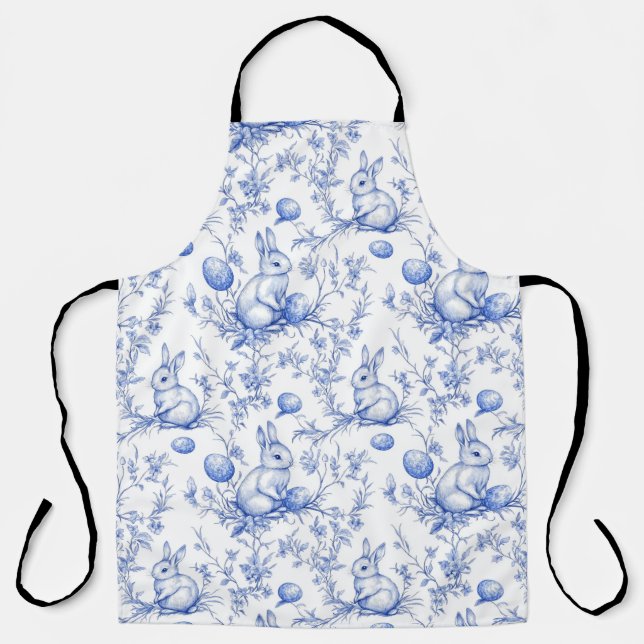 Tablier Elégant Toile Bleue De Jouy Bunny Pâques (Recto)