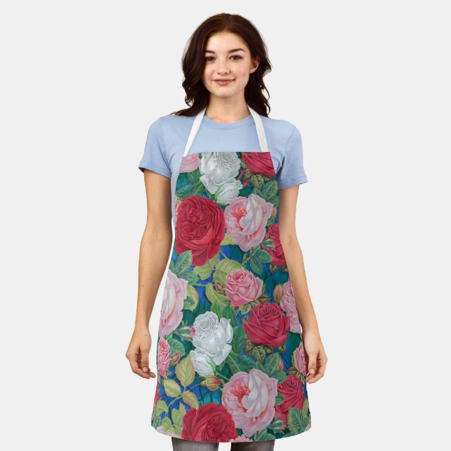 Tablier Elégante aquarelle victorienne Roses rouge et rose (Porté)