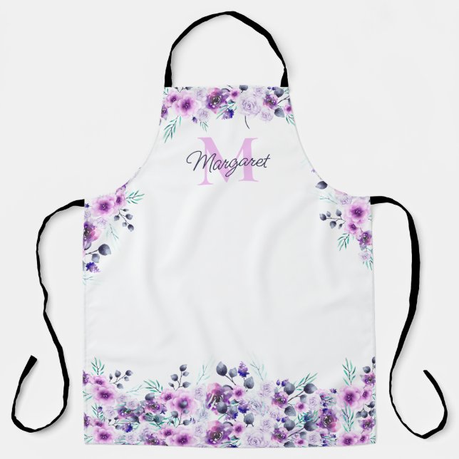 Tablier Elégante aquarelle violet Floral avec Monogramme (Recto)