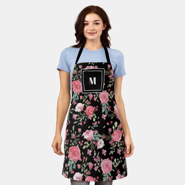 Tablier Élégantes roses roses noir monogramme de style (Porté)