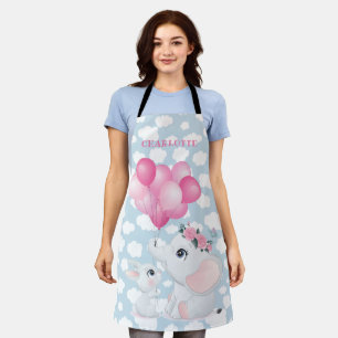 Tablier Éléphant Féminin Et Lapin avec Fleurs et Ballon