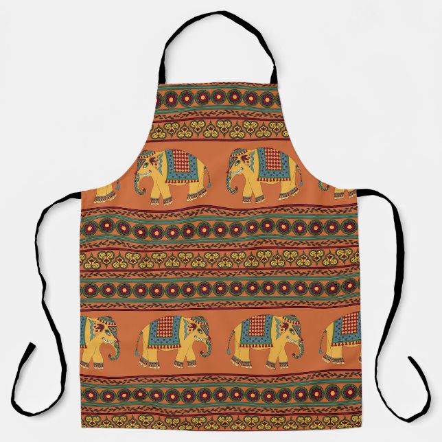 Tablier Eléphants Indiens, Orange Traditionnel Sans Seamle (Recto)