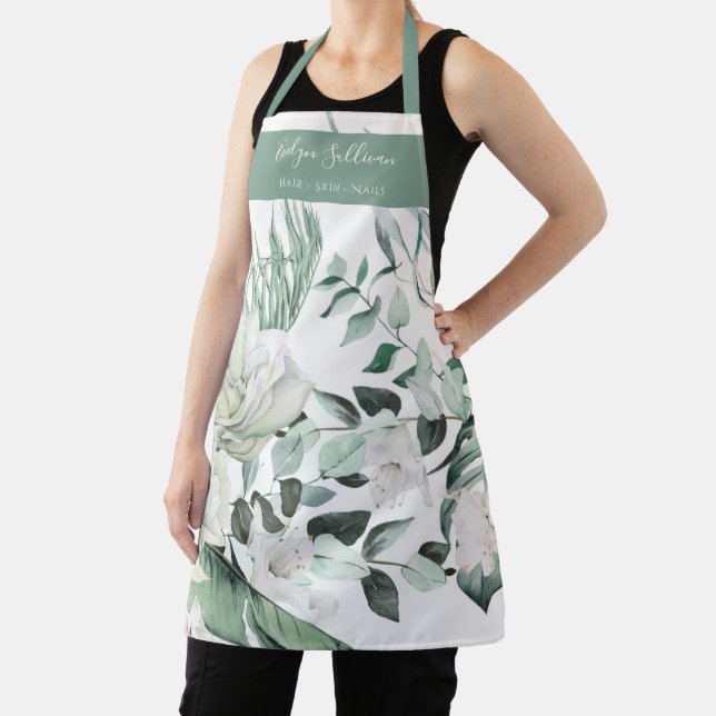 Tablier Emerald Green Fleurs blanches Beauté Professionnel (Insitu)