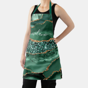 Tablier Emerald Green Gold Marble Nom du texte personnalis