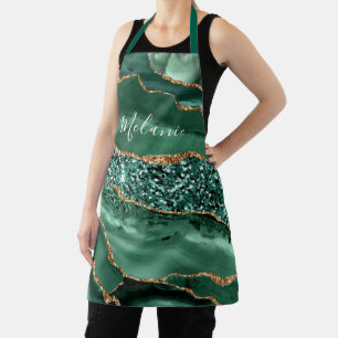 Tablier Emerald Green Gold Marble Nom personnalisé Apron C