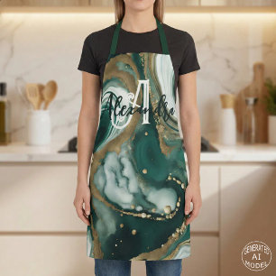 Tablier Émeraude de style Vert Or Marbre Agate Monogramme