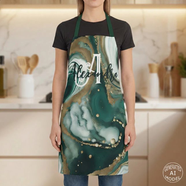 Tablier Émeraude de style Vert Or Marbre Agate Monogramme (Créateur téléchargé)