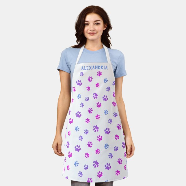 Tablier Empreintes de pattes bleu rose violet Motif person (Porté)