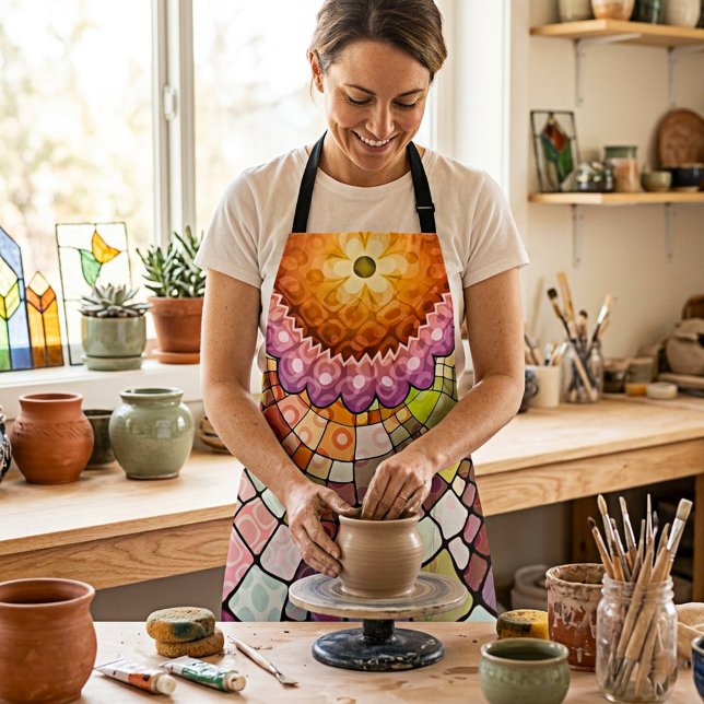 Tablier en mosaïque Abstraite colorée (Artistic retro mandala floral kaleidoscope apron - great for anyone who like to cook or is an artist)