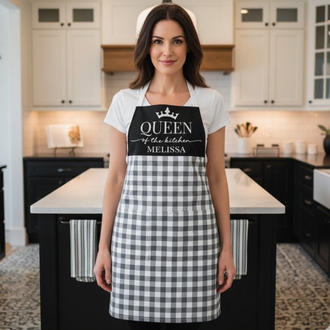 Tablier En vichy Rustique Queen of the Kitchen Apron (elegant black and white gingham Queen of the Kitchen apron, christmas or birthday gift for mom)