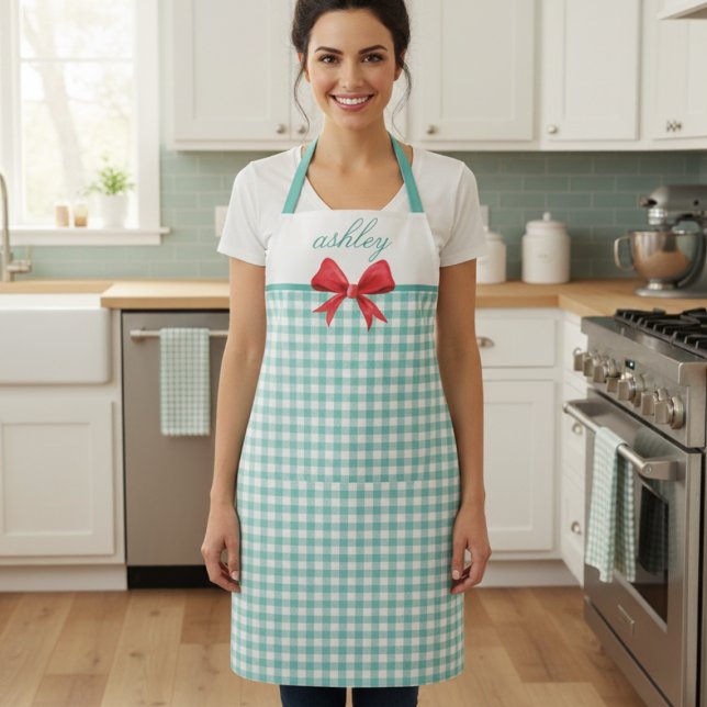 Tablier En vichy verte turquoise (sweet cottagecore coquette rustic retro teal green gingham apron with red bow with custom name)