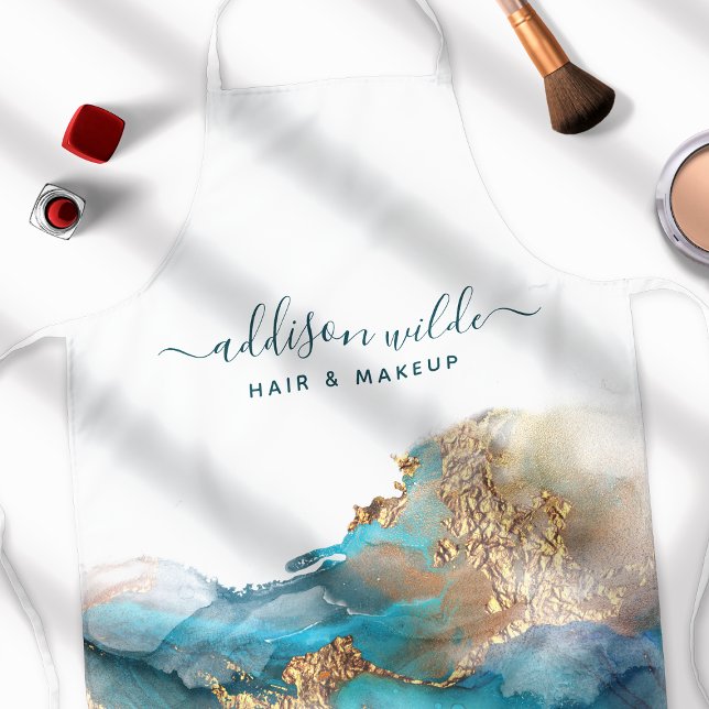 Tablier Encre aquarelle liquide d'art moderne bleu et or (Créateur téléchargé)